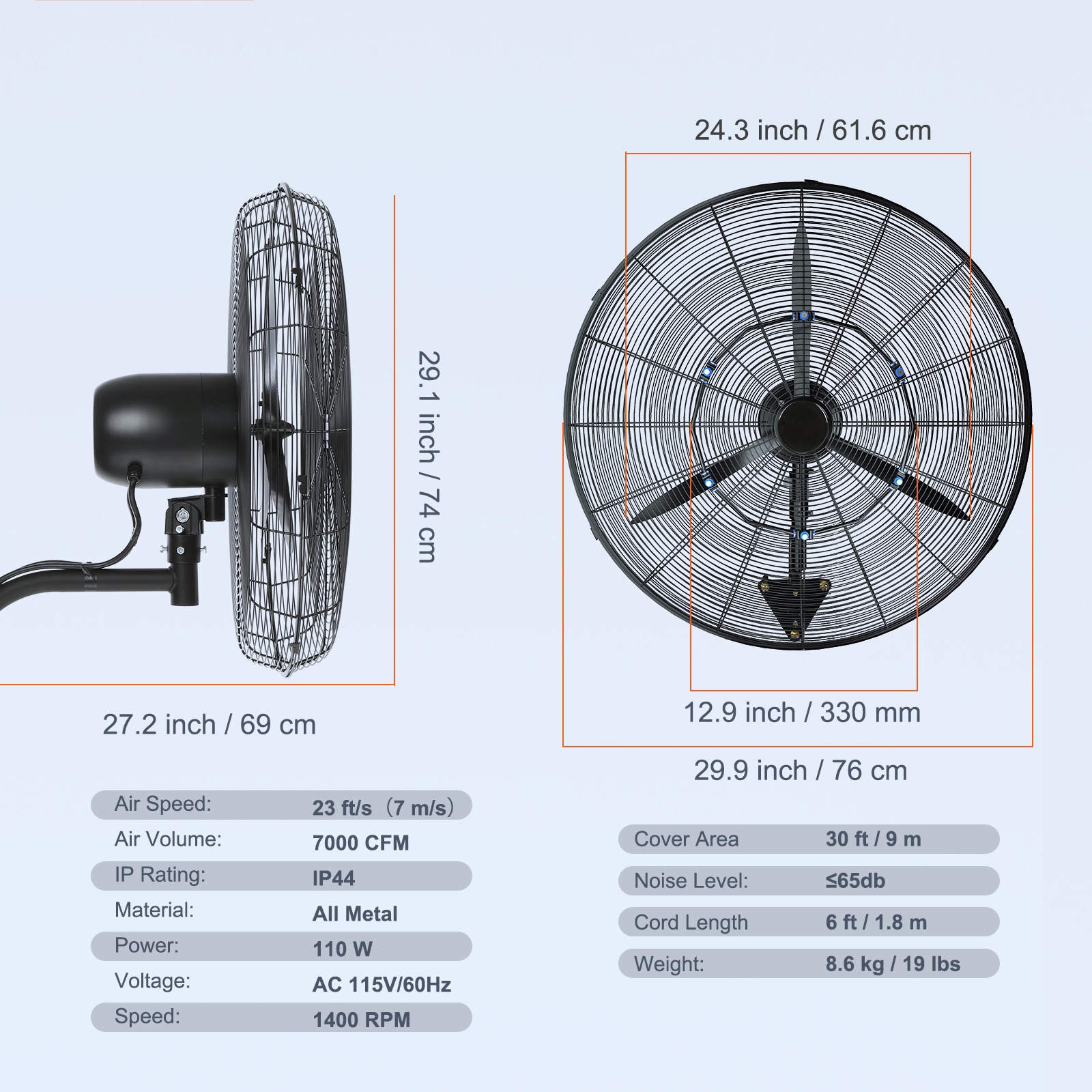 Industrial Wall-mounted Misting Fan 3-speed Oscillating Air Cooler_voghion.com